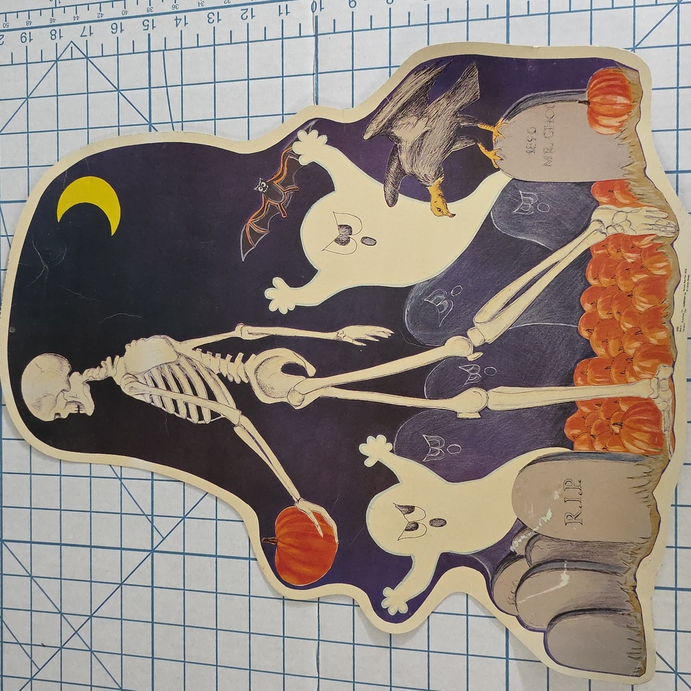 Vintage AMSCAN Skelton Graveyard And Pumpkins Die Cut 19.2‎ X 15.5